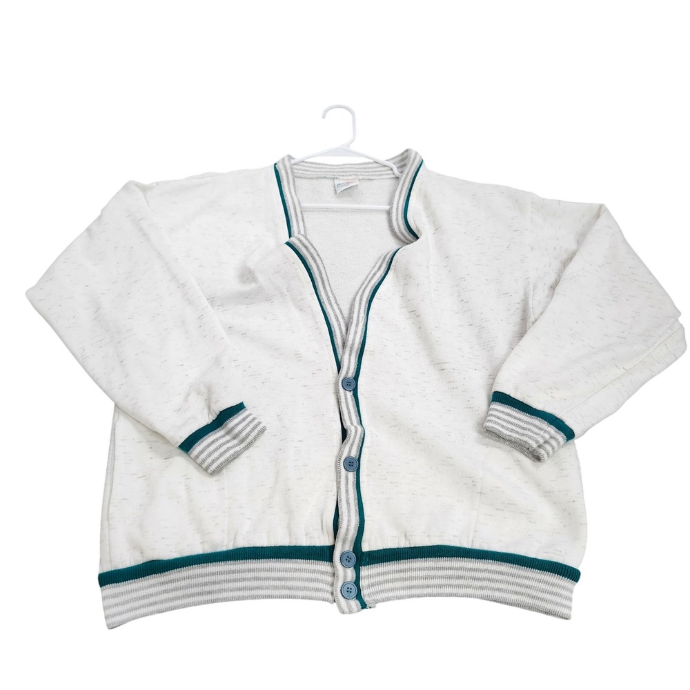 Vintage Acton Cardigan Sweatshirt XL White Teal Striped Made in USA Button Front